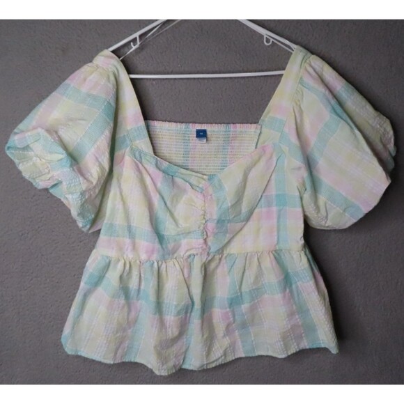Old Navy Top 2X Multicolor Square Neck Checked Seer Sucker Puffy Short Sleeves - Picture 1 of 11